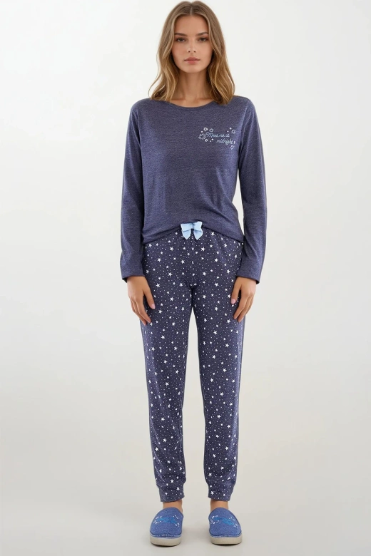 Miękka piżama damska z metalicznym napisem i kokardką DENISA, granatowa