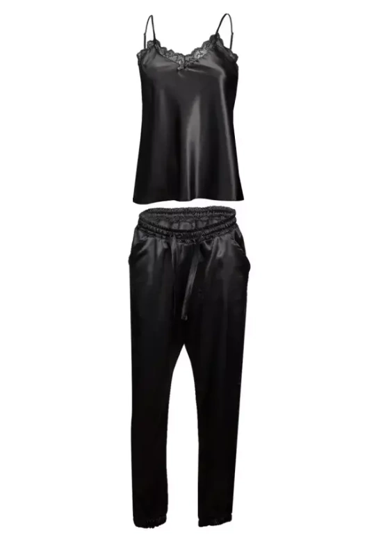 Satynowa piżama koszulka + długie spodnie DAY, czerń