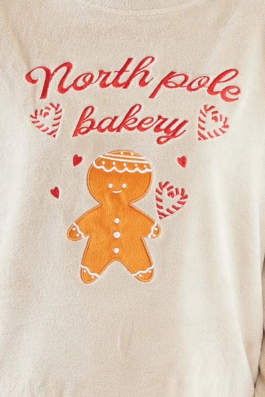 Ciepła polarowa piżama damska z piernikiem i napisem MEDDY, beżowa