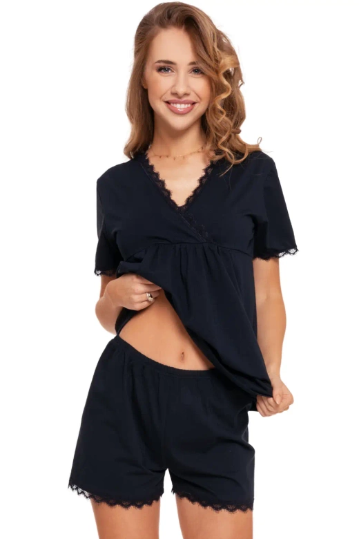 Miękka bawełniana piżama z koronką 4200-024, granat