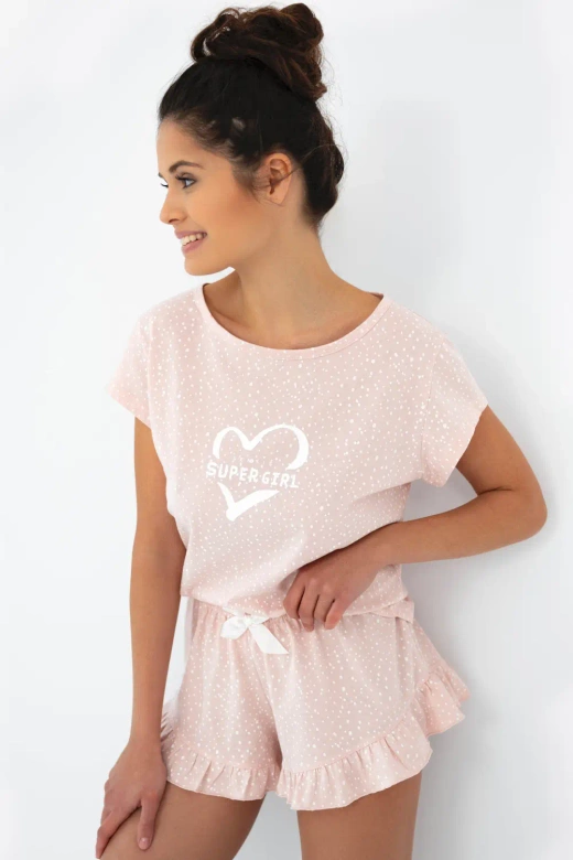 Krótka piżama damska z bawełny Super Girl, różowa
