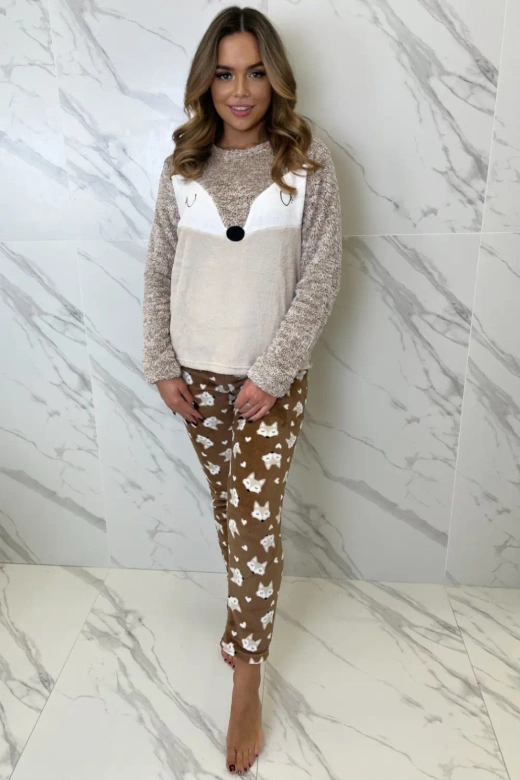 Ciepła miękka długa damska piżama LISEK, brąz