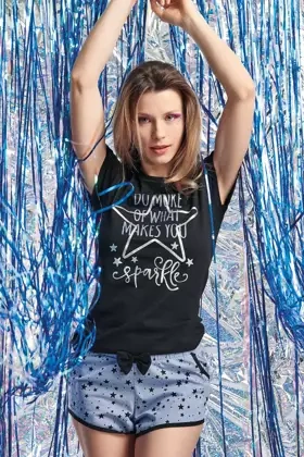 Urocza bawełniana piżama damska w gwiazdki CHAOS, czarna