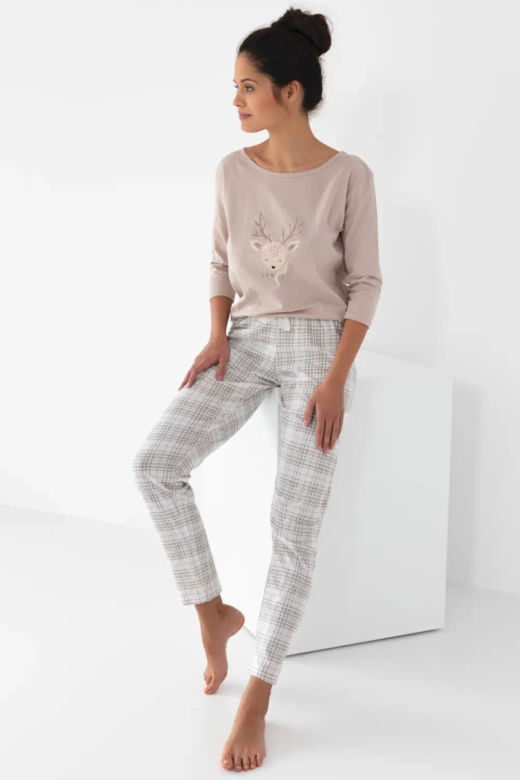 Długa piżama damska z bawełny GAIA, beżowa