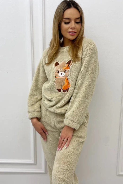 Ciepła miękka damska piżama z polaru soft słodka LAMA, beż