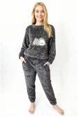 Ciepła miękka damska piżama z polaru soft słodka PINGWIN, grafit