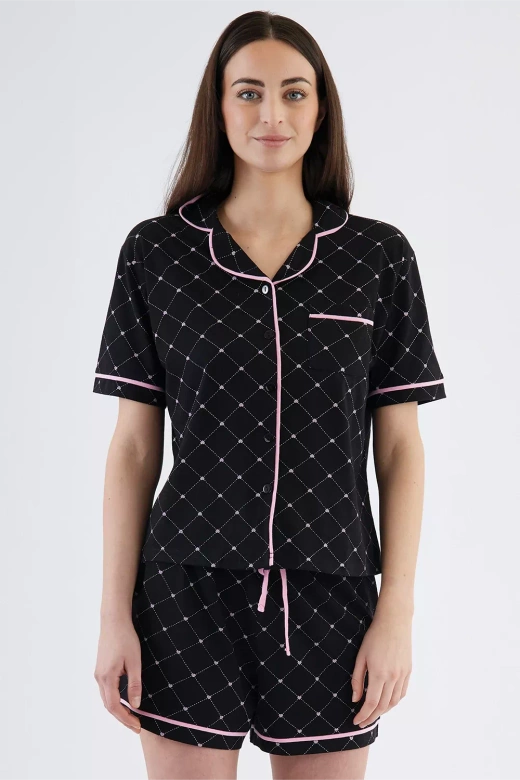 Bawełniana Zapinana Koszulowa Piżama Coraline, Czarna