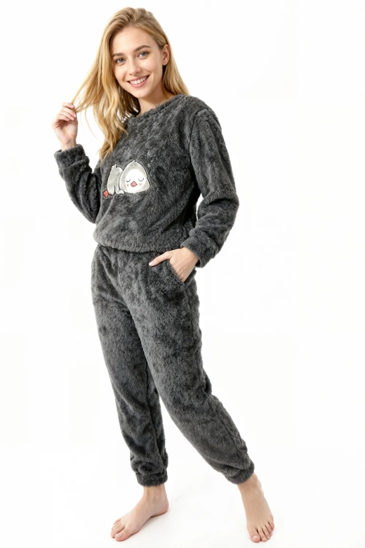 Ciepła miękka damska piżama z polaru soft słodka PINGWIN, grafit