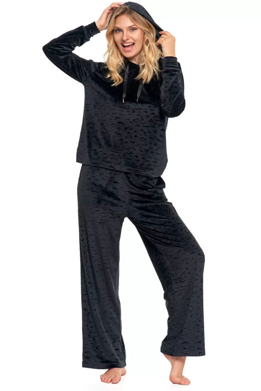 Piżama damska, welurowy miękki dres PDD4300-010, czerń