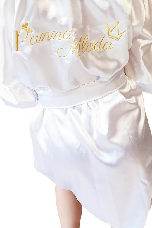 Podomka z satyny z haftem "Panna Młoda" Dkaren 90, biel