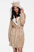 Ciepły pluszowy szlafrok damski HOOKY kaptur różki, beż