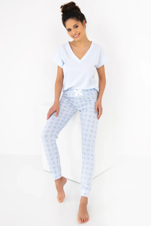 Długa piżama damska 100% bawełna Evelina, niebieska