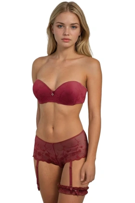 Zmysłowy komplet biustonosz push-up + figi + podwiązka GRACE, rojo-czerwony