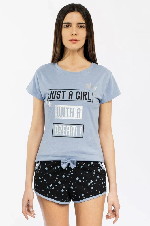 Urocza bawełniana piżama damska w gwiazdki CHAOS, niebieska