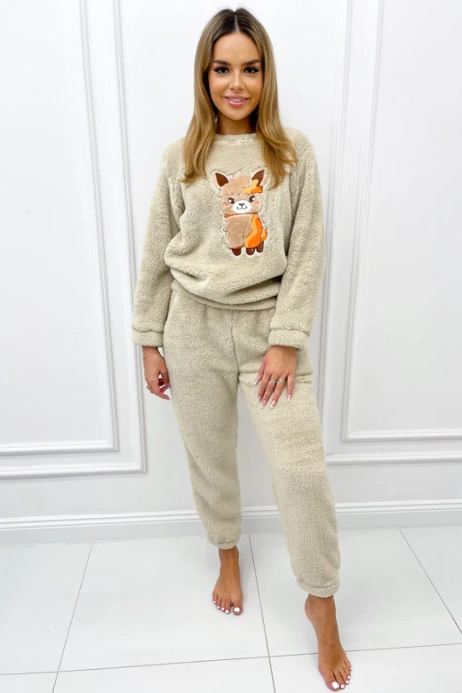Ciepła miękka damska piżama z polaru soft słodka LAMA, beż
