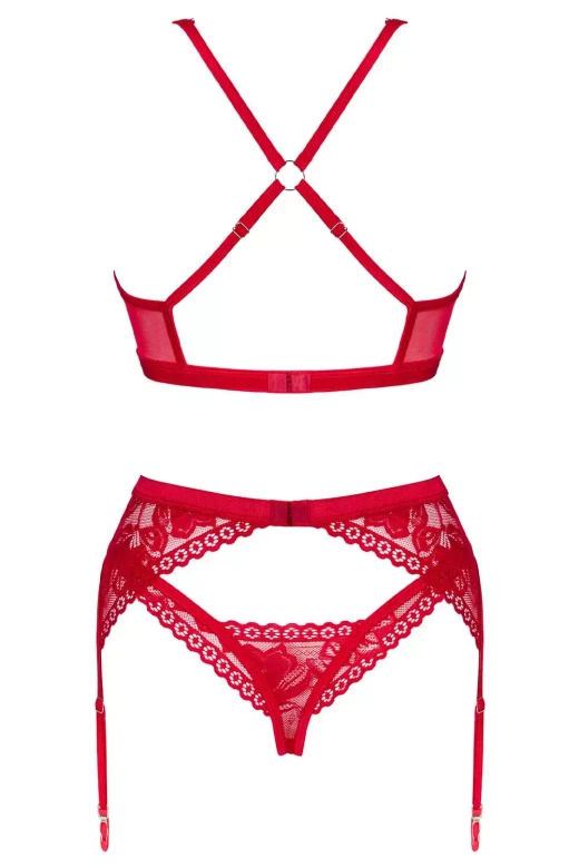 Komplet koronkowej bielizny LACELOVE SET 3części, red