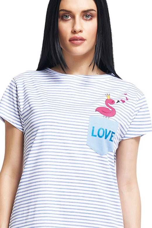 Koszula nocna w paski z koronkową falbanką Oxksana, niebieska