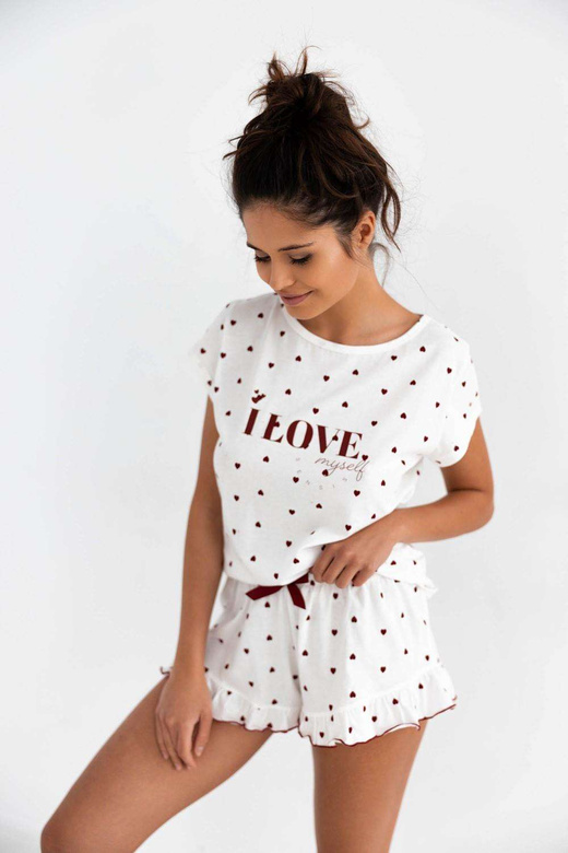 Piżama damska krótka bawełna w serca VALENTINA, biały