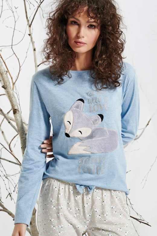 Urocza bawełniana piżama damska z liskiem ZERDA, niebieska