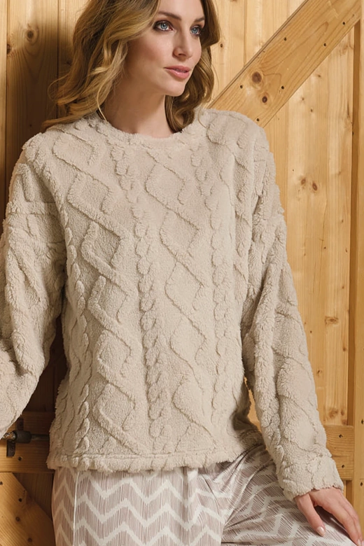 Ciepła piżama damska z pluszową bluzą i spodniami palazzo SOFIE, beżowa