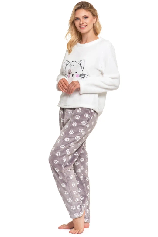 Ciepła piżama damska z kotkiem PDD4600-013, ecru