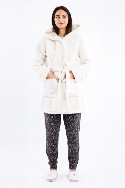 Puszysty ciepły szlafrok damski z kapturem i uszkami IGRID, biały