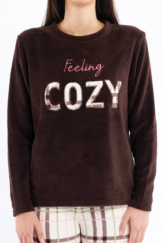 Ciepła polarowa piżama damska z napisem LILIANA, brązowa