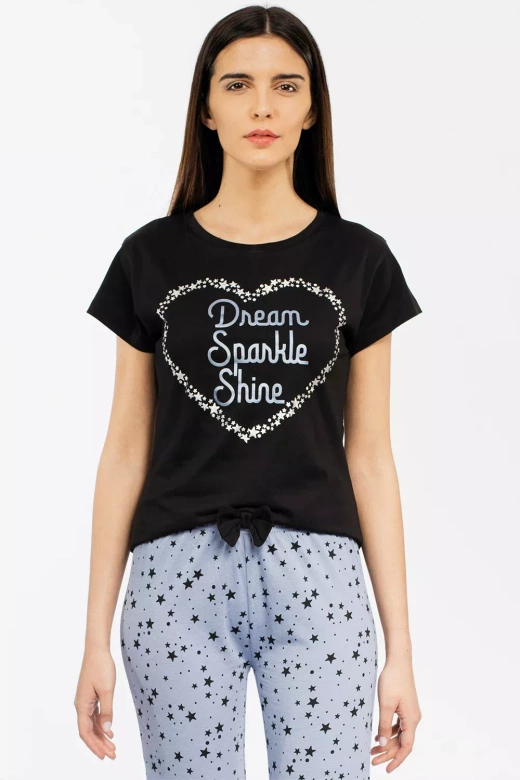 Bawełniana Krótka Piżama Damska GIRLY w gwiazdy, czarna