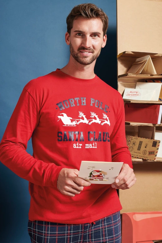 Męska świąteczna piżama ze spodniami w kratę GIOEW, czerwona