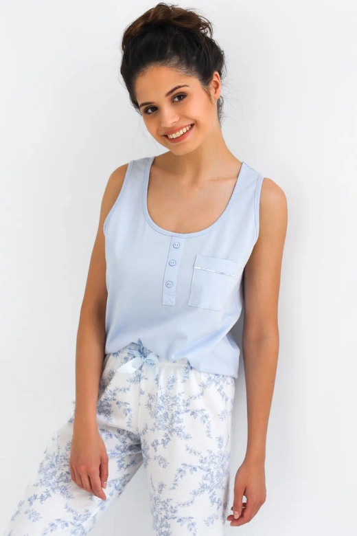 Bawełniana długa piżama ARELY z kieszonką, niebieska