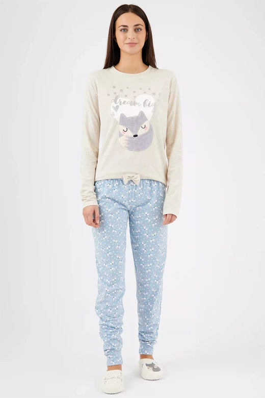 Urocza bawełniana piżama damska z liskiem ZERDA, ecru