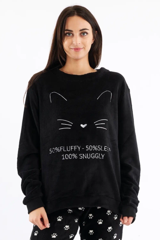 Ciepła miękka polarowa piżama damska z kotkiem FULVIA, czarna