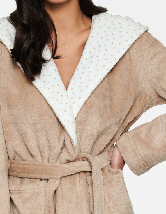 Ciepły pluszowy szlafrok damski HOOKY kaptur różki, beż