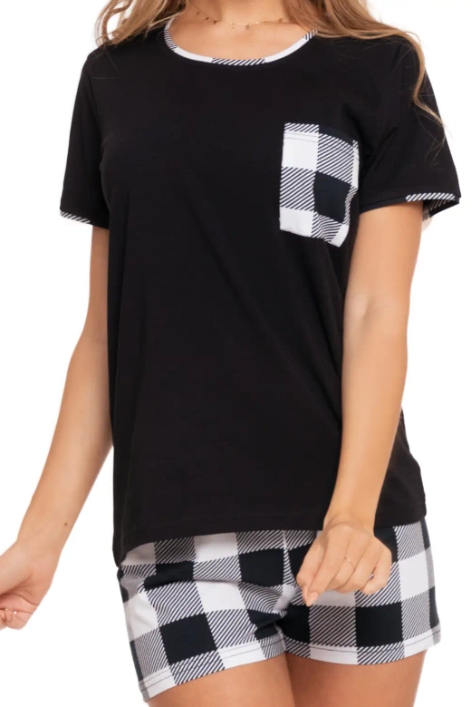 Miękka bawełniana piżama w kratę 3900-015, czarna