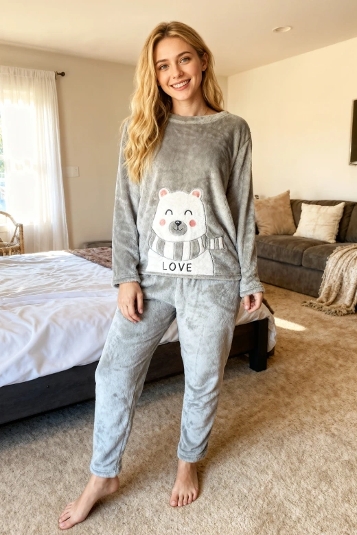 Luźna piżama welurowa z uroczym haftem MIŚ, szara