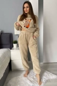 Ciepła miękka damska piżama z polaru soft słodka LAMA, beż