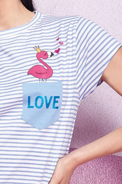 Koszula nocna w paski z koronkową falbanką Oxksana, niebieska