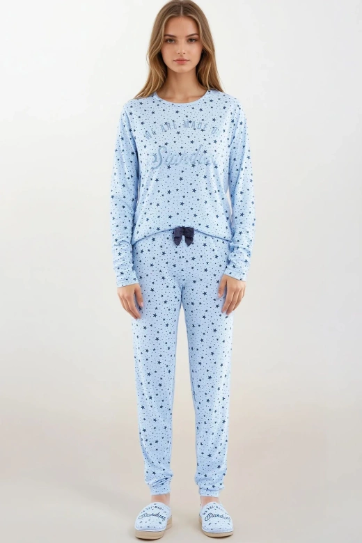 Miękka piżama damska z metalicznym napisem i kokardką DENISA, błękitna