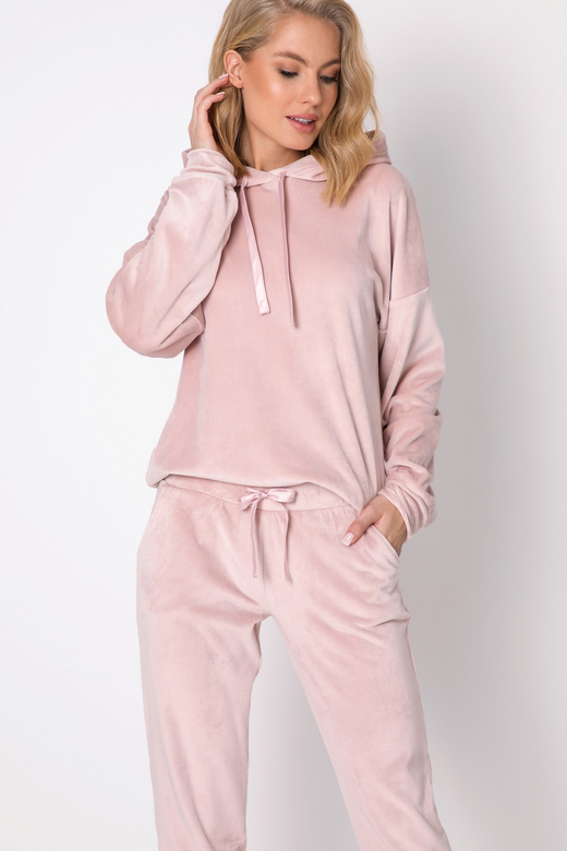Ciepły dres-piżama z weluru ALEXIS z kapturem, róż