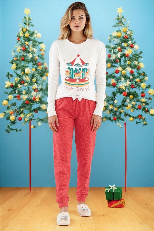 Świąteczna piżama z nadrukiem piernikowej karuzeli GRETEL, beżowa