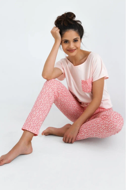 Bawełniana długa piżama CARLOTTA z kieszonką, morelowa