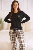 Bawełniana piżama damska długa w kratę PM.5202, czarna