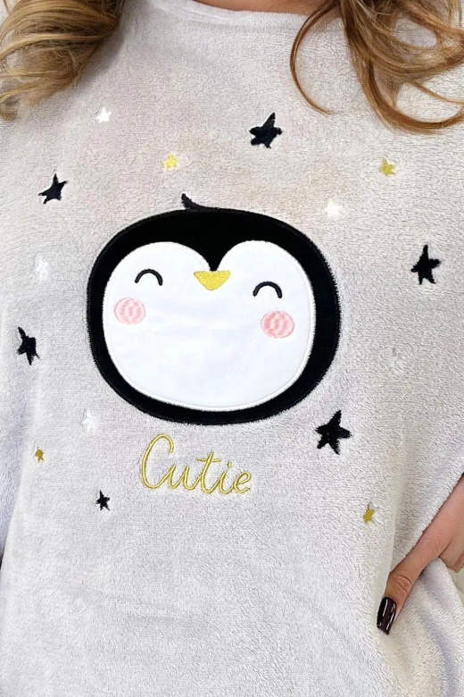 Ciepła piżama damska z pingwinem ADELIE, szary jasny