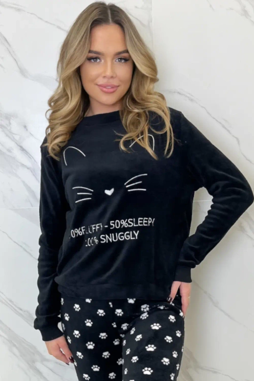 Ciepła miękka polarowa piżama damska z kotkiem FULVIA, czarna