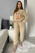 Ciepła miękka damska piżama z polaru soft słodka LAMA, beż