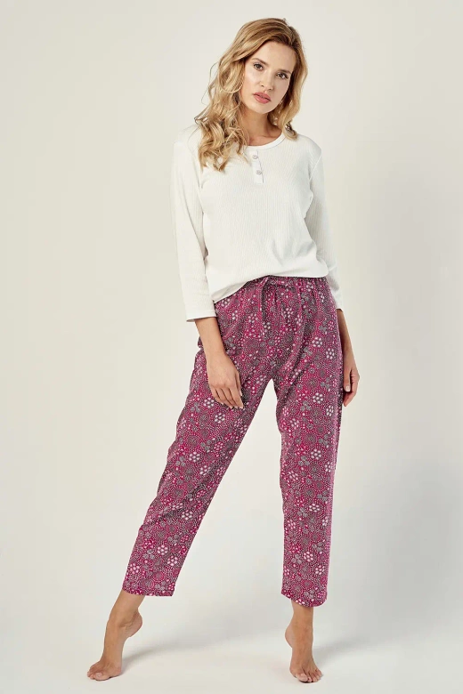 Piżama damska długa bawełna w prążek Estella 2994, kremowa