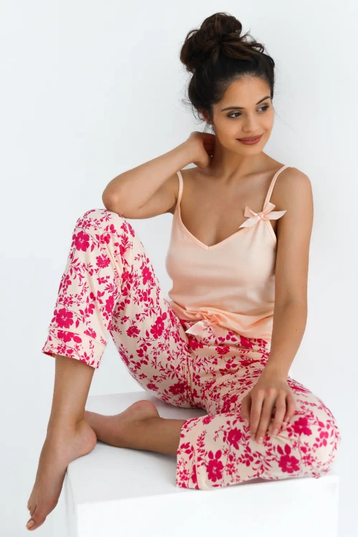 Bawełniana piżama ISABELLA z bawełny w kwiaty, morelowa