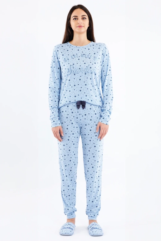 Miękka piżama damska z metalicznym napisem i kokardką DENISA, błękitna