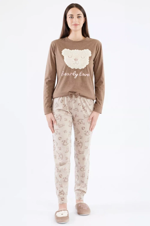 Piżama damska Lily z uroczym misiem, brązowa