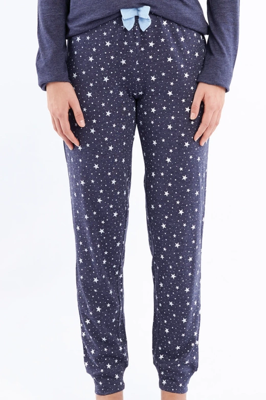 Miękka piżama damska z metalicznym napisem i kokardką DENISA, granatowa